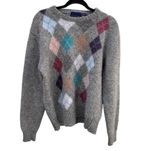 Kenneth Stevens‎ Shetland Wool Argyle Sweater XL Gray Purple Teal Diamond VTG